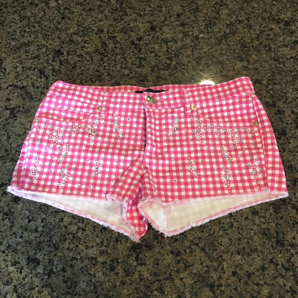 Juicy Couture pink gingham pearl rhinestone shorts